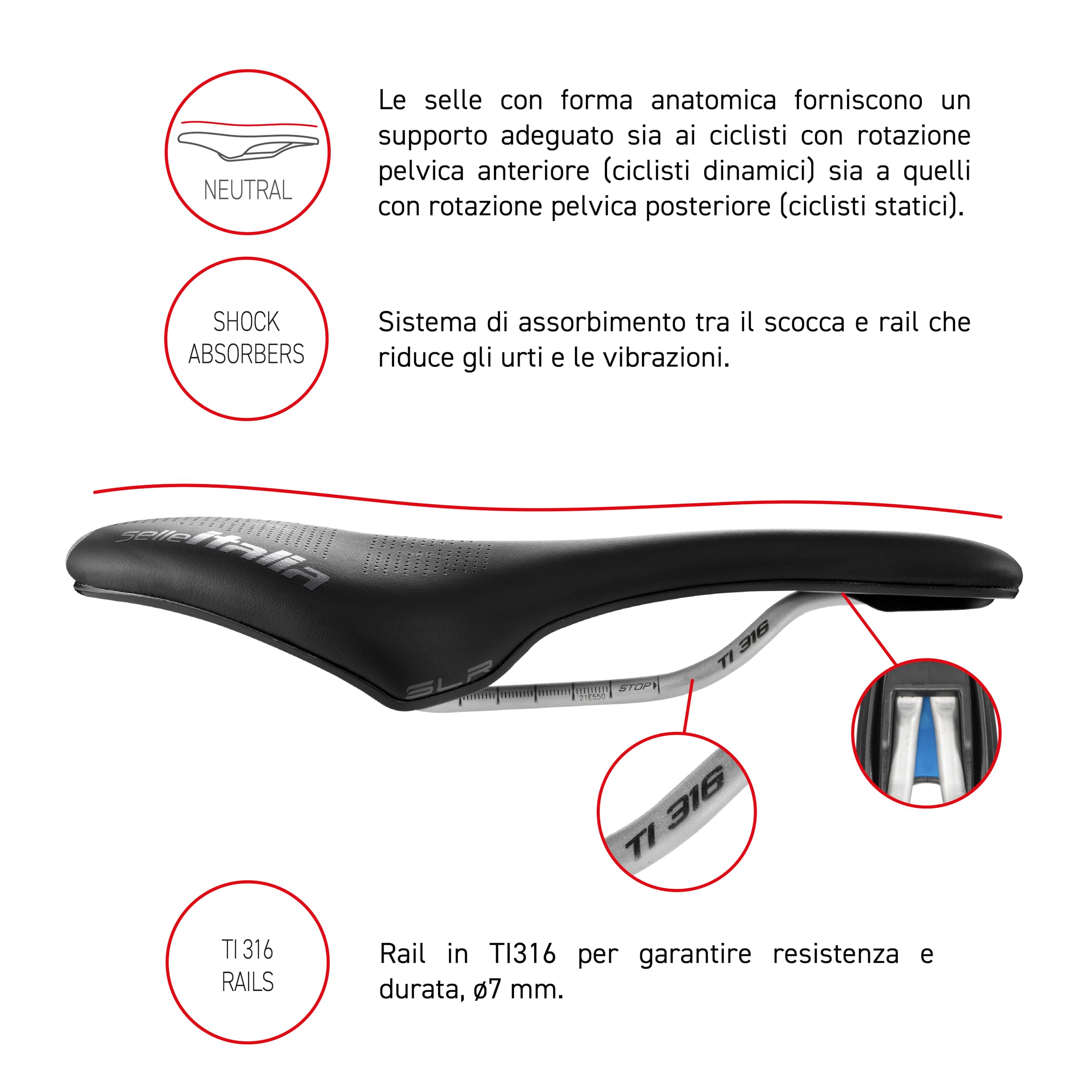 Selle Italia SLR Boost Gravel TI 316 Superflow - Sella Bicicletta Gravel, Bici da Corsa Comoda in Gel, Foro Superflow, Inserti Hi-viz