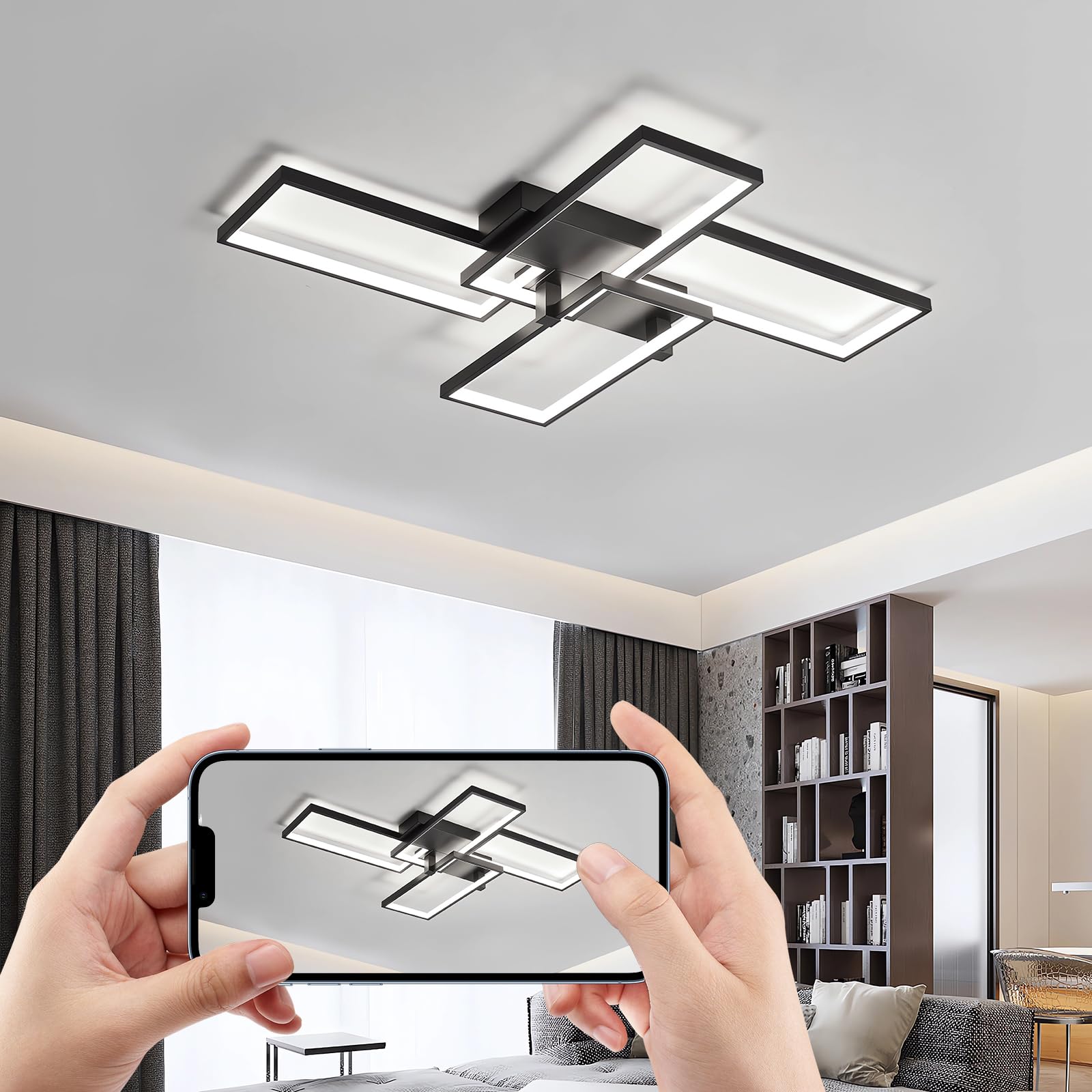 WERSVG Modern Ceiling lamp LED Ceiling Light Geometric Design Metal Acrylic Dimmable 3000K-6000K Lighting Living Room lamp Ceiling Light Bedroom lamp for Dining Room Kitchen (Black, L90cm)