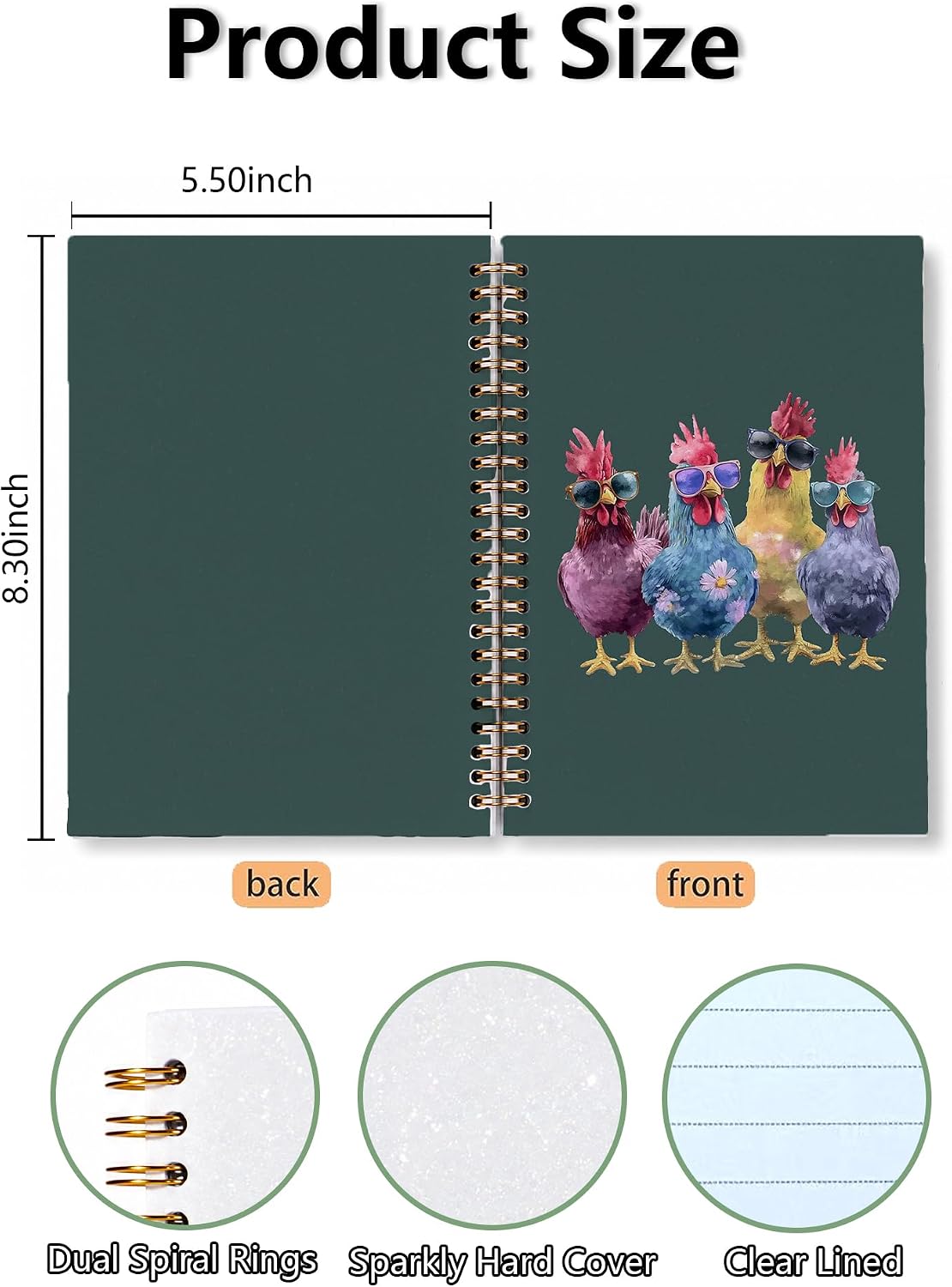 Funny Cool Chickens Spiral Notebooks - Cute Roosters Sparkly Hard Cover Spiral Journal 5.5x8.3 Inch, Colorful Sunglasses Animal Chicken Gifts for Chicken Lady Mom Lovers/Women/Coworker(Dark Green) image 2