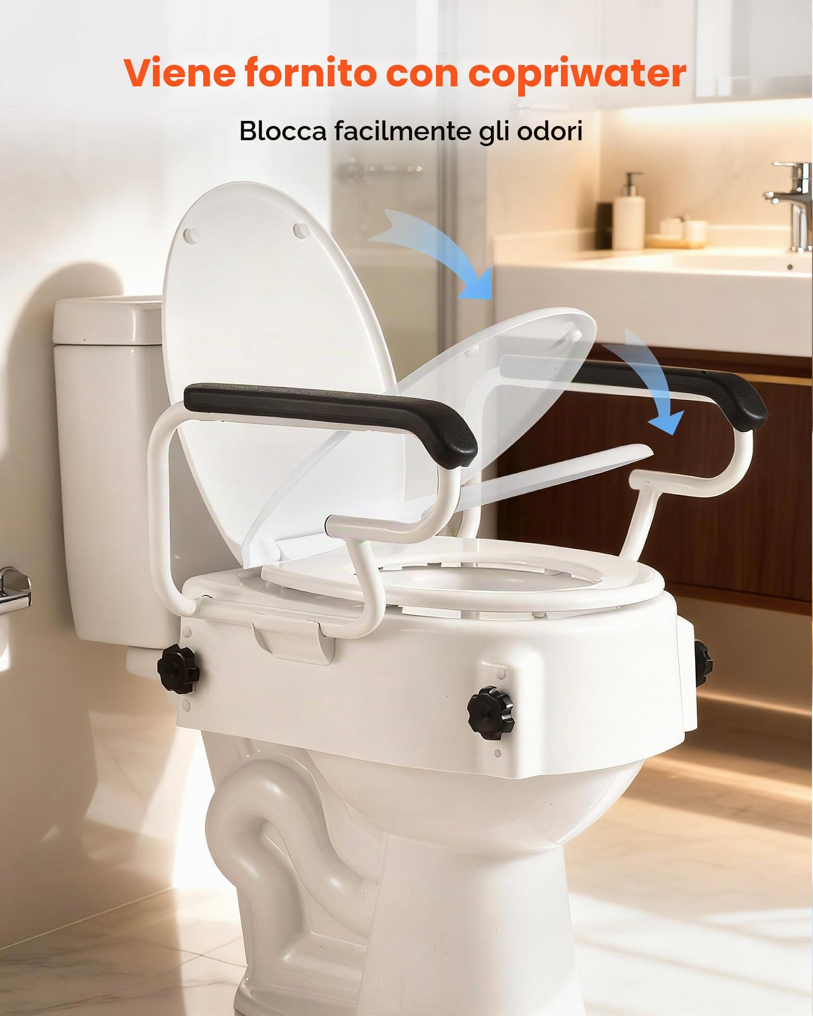 VEVOR Sedile Sollevabili di Ausilio Mobilità con Capacità di Carico di 136 kg e Altezza di Sollevamento di 101,6 mm e Coperchio per WC, con Maniglie Imbottite per Anziani, Donne Incinte