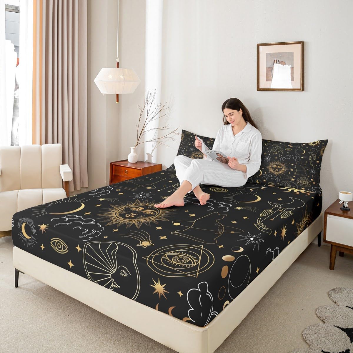 Exotic Sun and Moon Fitted Sheet Bohemian Starry Night Sky Bed Sheet Set for Kids Children Teens Dark Night Cloud Bed Cover (No Top Sheet) for Bedroom Decor,Twin Size