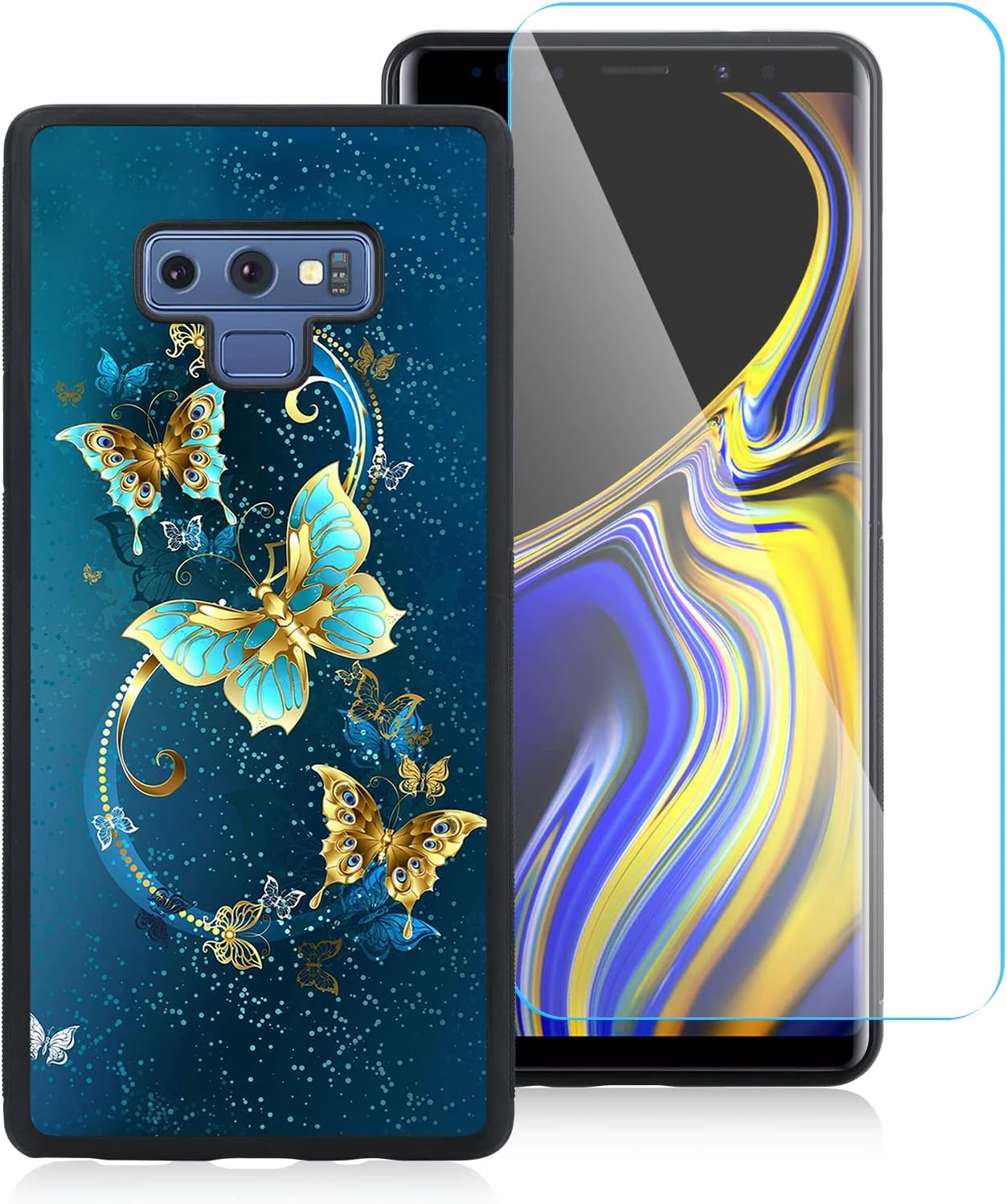 OOK Compatible with Samsung Galaxy Note 9 6.4 inch Case, [Built in Screen Protector],Cute Blue Butterfly Design Hard PC Back Anti Slip Shockproof Protective Case for Samsung Galaxy Note 9