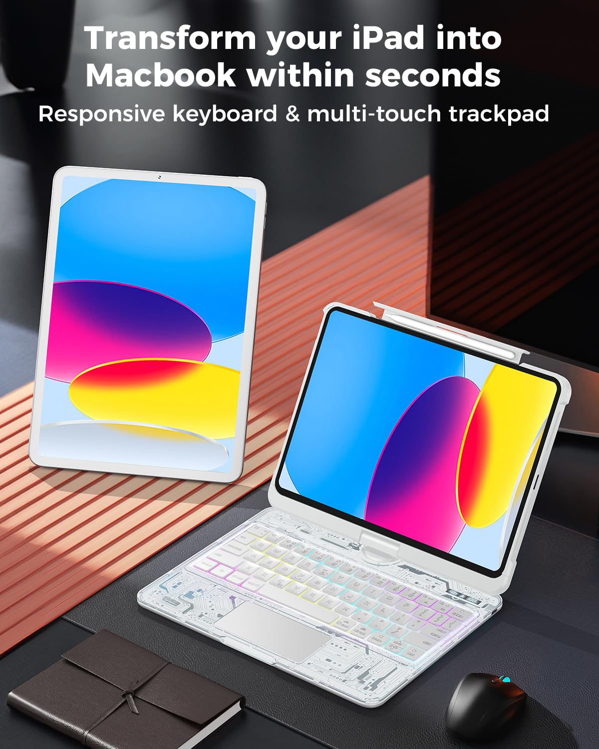 TSQQST Custodia trasparente per tastiera wireless per iPad (A16) 11a generazione 11" 2025/iPad 10a generazione 11" 2022 con portapenne e trackpad multi-touch, retroilluminazione a 7 colori, girevole a