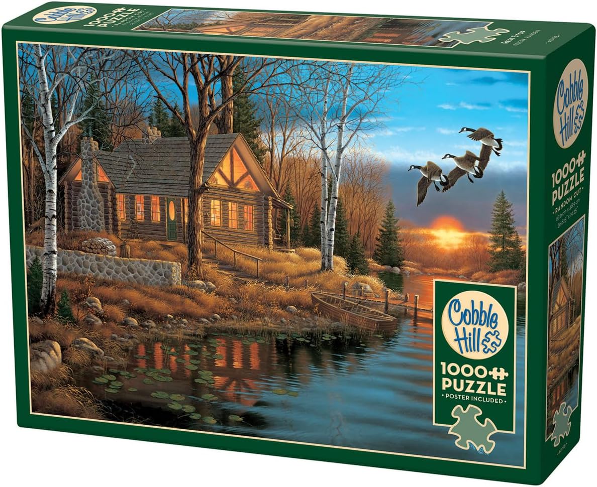 Cobble Hill 3840198 domek z bali nad jeziorem, 1000 elementów, puzzle z puzzlami dla dorosłych i dzieci od 12 lat, puzzle krajobrazowe, domek z bali