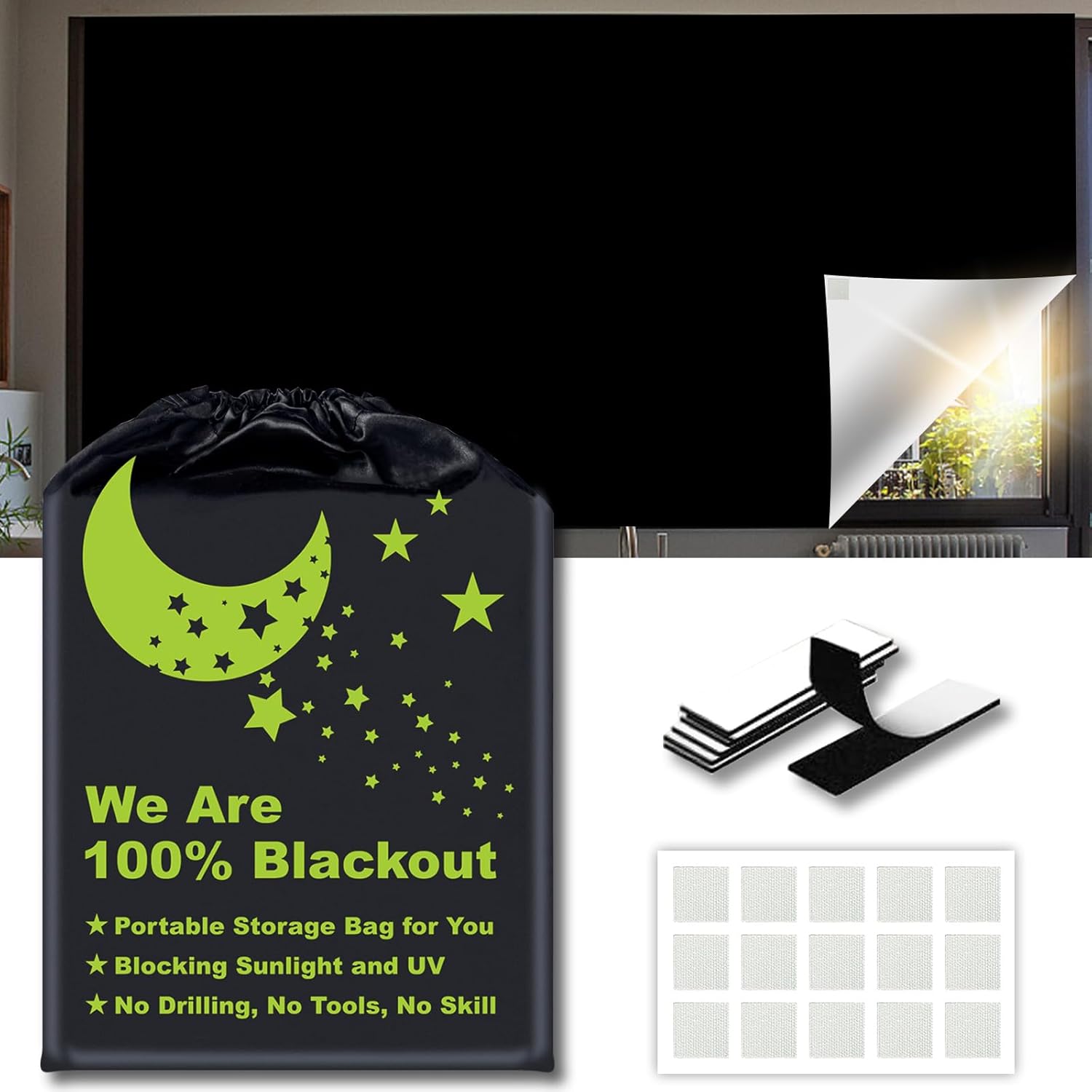 Blackout Blinds Blue [XL Size 98in x 59in][100% Blackout Light][No Drill][DIY Cut to Any Size or Shape] Portable Temporary Travel Blackout Curtains for Nursery,Bedroom,Film Room,RV Car Windows Cover