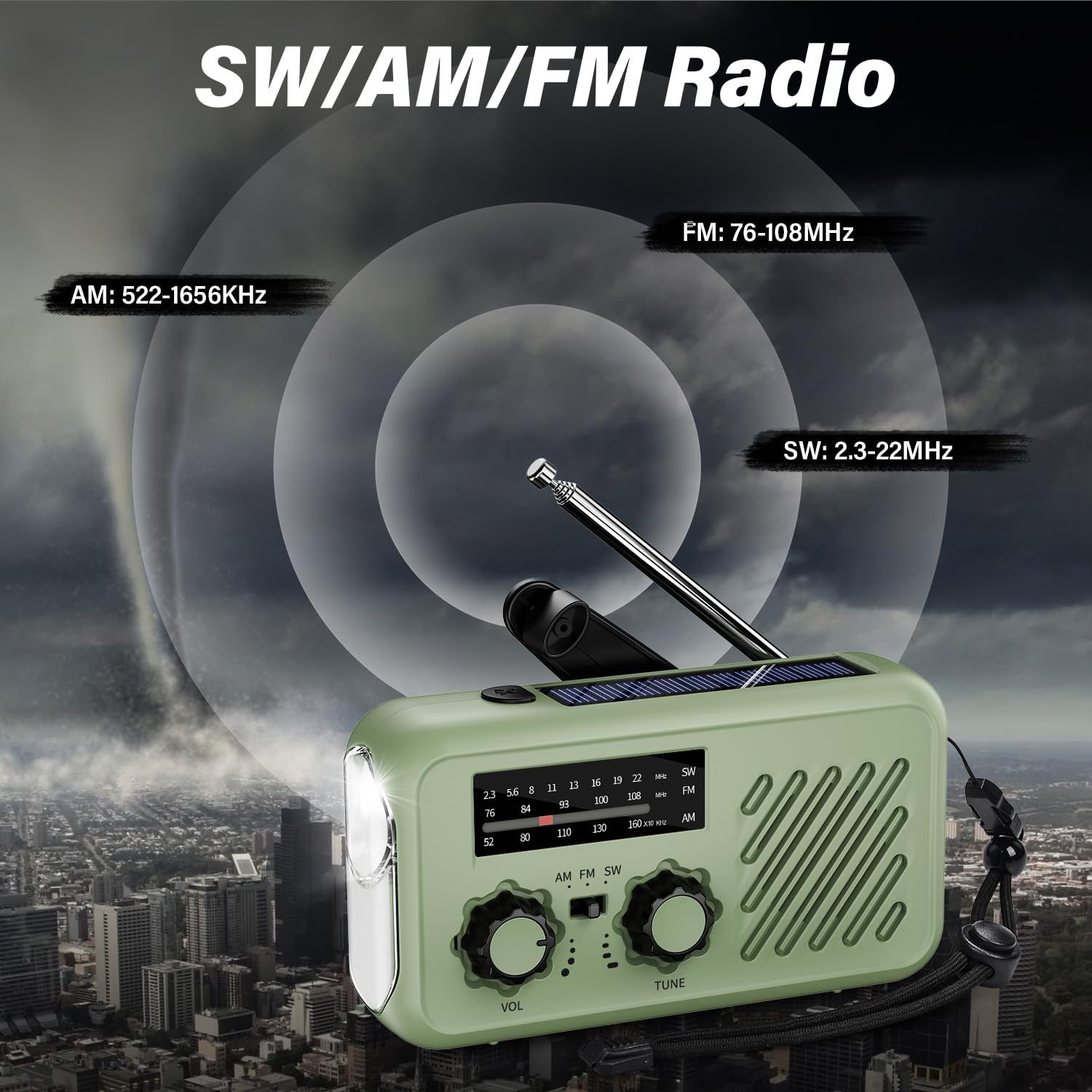 Radio Portable Urgence, AM/FM/SW Radio a Piles Survie, Radios Solaire Rechargeable à Manivelle avec Alarme SOS, 2000mAh Powerbank, Lampe de Poche, Lampe Lecture LED