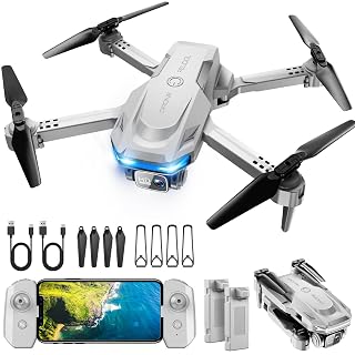Drone with 1080P Camera - Foldable Remote Control Quadcopter with Voice Gesture Control, 3D Flip, One Key Start, Emergency Stop, 2 Batteries, Easier to use, Toy for Adults Beginners, Grey - Amazon product rated Grade A