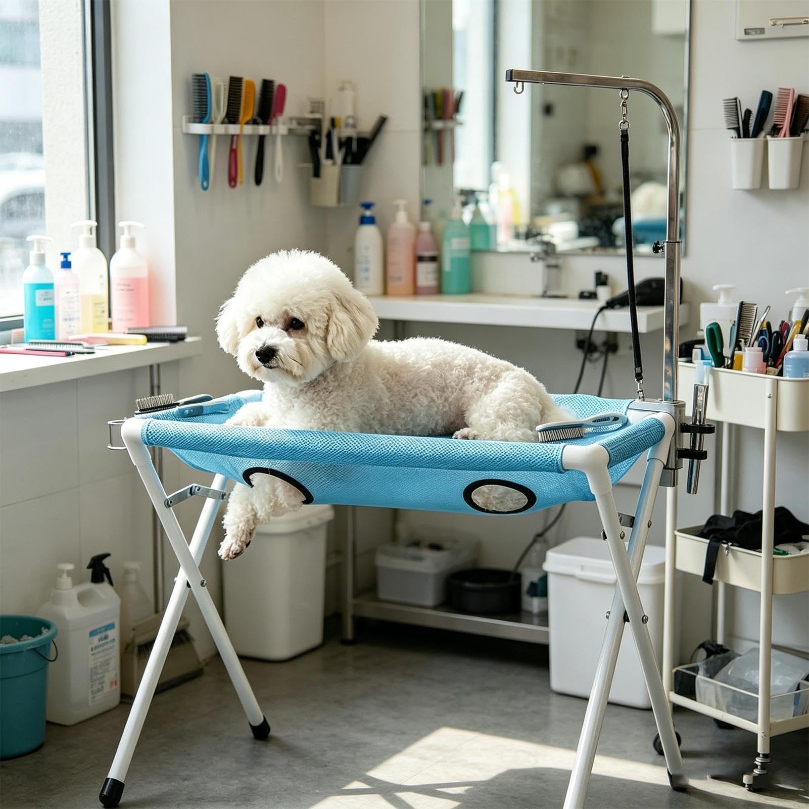 Mesa de Peluquería Canina Resistente a Mordeduras 8 Orificios | Hamaca De Sujeción Para Aseo Felino para Gatos y Cachorros Corte de Uñas Limpieza y Baño