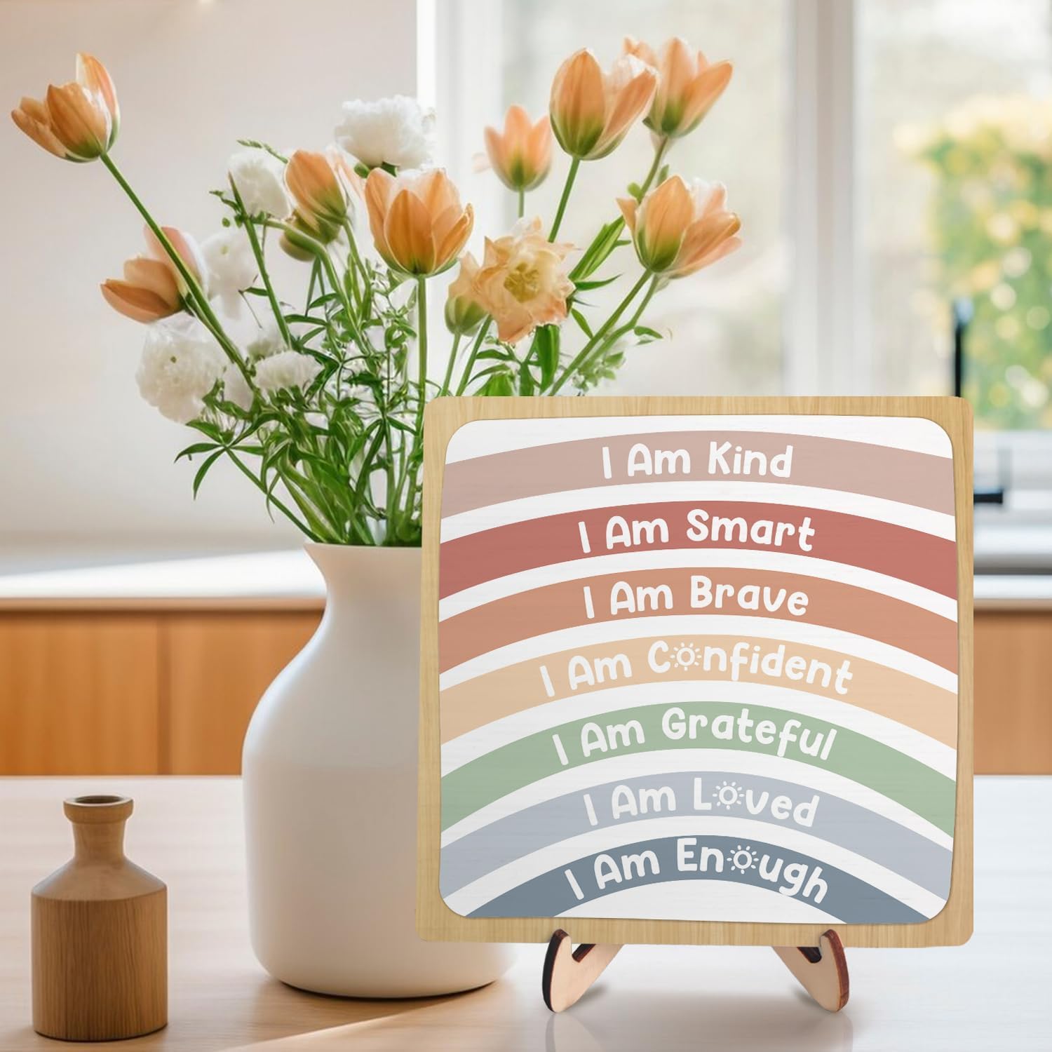 Positive Affirmations I am Kind Smart Loved Wooden Plaque Sign,Inspirational Classroom Nursery Decor, Home Office Tabletop Shelf Decor for Playroom Nursery Kids Room Decor,Birthday Graduation Gift image 3