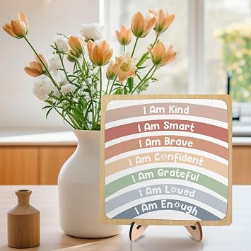 Positive Affirmations I am Kind Smart Loved Wooden Plaque Sign,Inspirational Classroom Nursery Decor, Home Office Tabletop Shelf Decor for Playroom Nursery Kids Room Decor,Birthday Graduation Gift