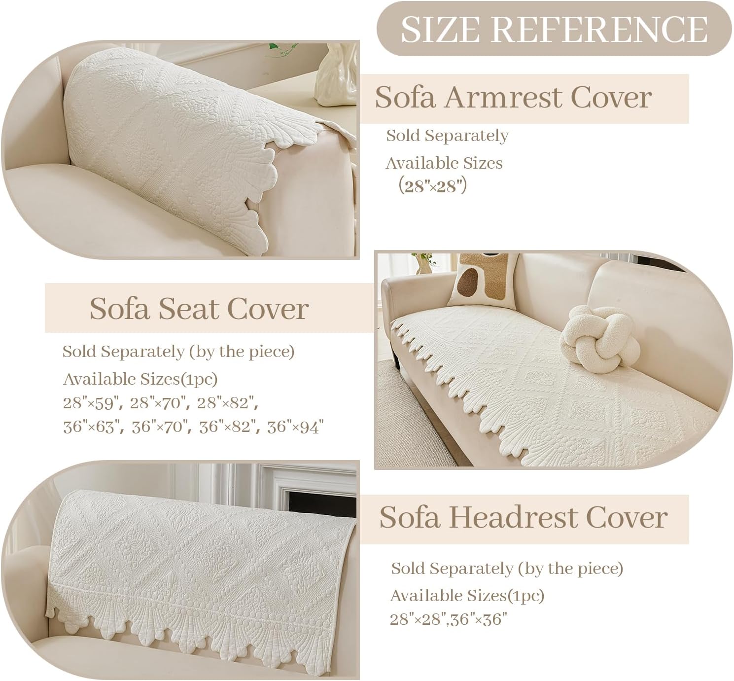 Deep Dream Cotton Quilted Couch Covers, Farmhouse Rustic Embroidery Sectional Couch Cover for Sofa, Anti-Slip Washable Sofa Slipcover Furniture Protector for Kids, Pets (White, 28"x59")