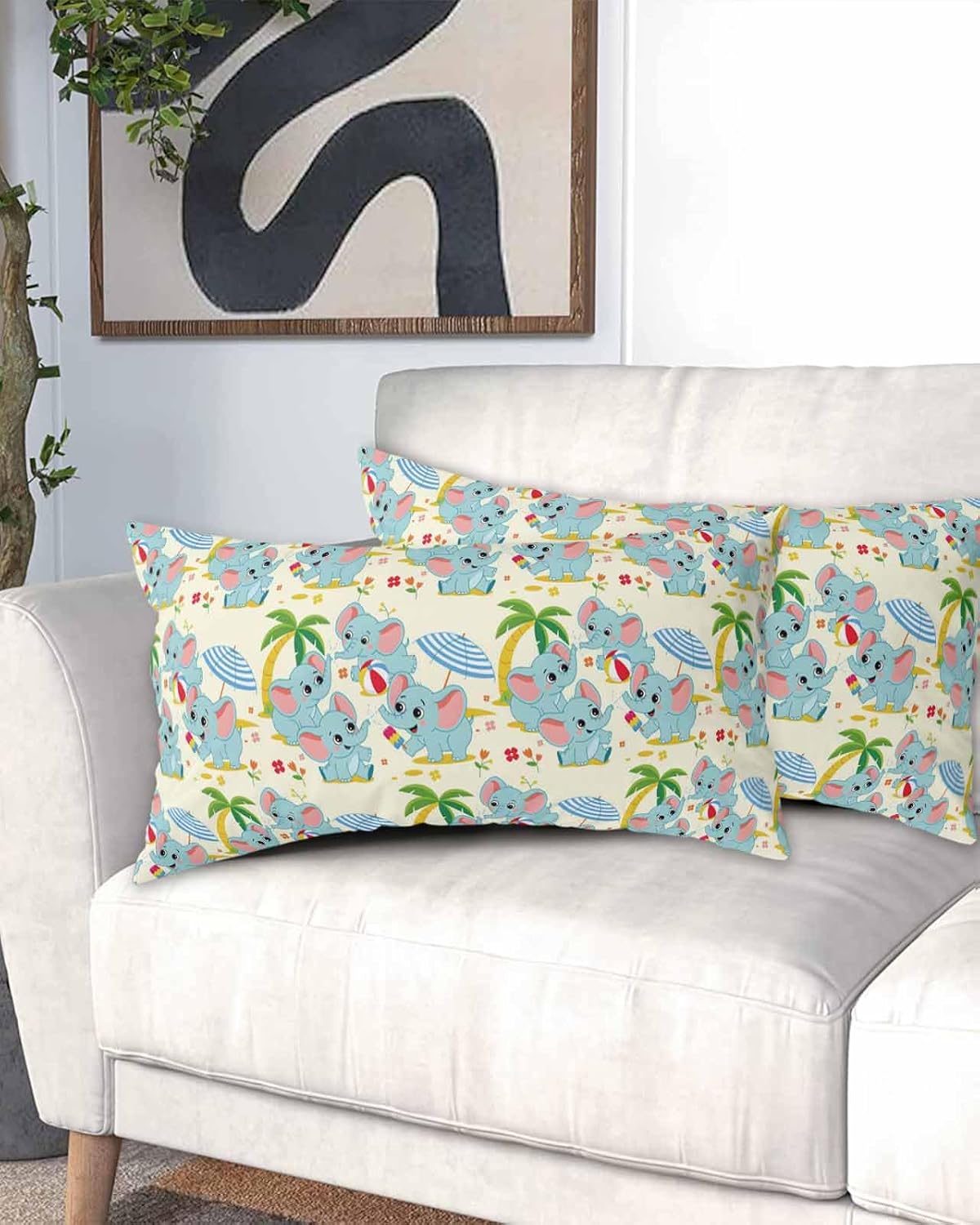 Summer Beach Elephant King Size Pillowcases,Soft Bed Throw Pillow Covers Sham Decorative Sofa Couch Long Body Lumbar Bolster Cushion Case with Envelope Closure,Tropical Palm Tree Cartoon 20"x40"