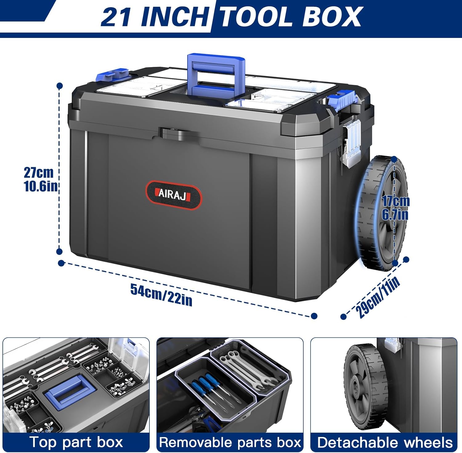 3 IN 1 Rolling Tool Box With Wheels,Stackable Tool Box,Modular Tools Storage Organizer,Top Small Parts Organizer Design,With Removable Small Parts Box,for Home,Repair,Garage Storage,17 IN+19 IN+21 IN