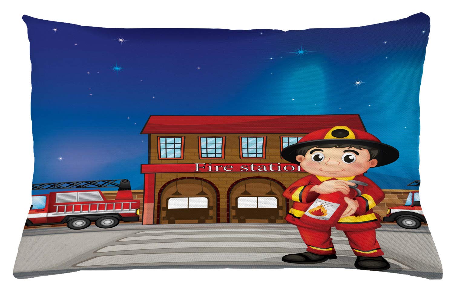 Lunarable Service Throw Pillow Cushion Cover, Cartoon Illustration of a Station with a Man Holding an Extinguisher Art, Decorative Rectangle Accent Pillow Case, 26