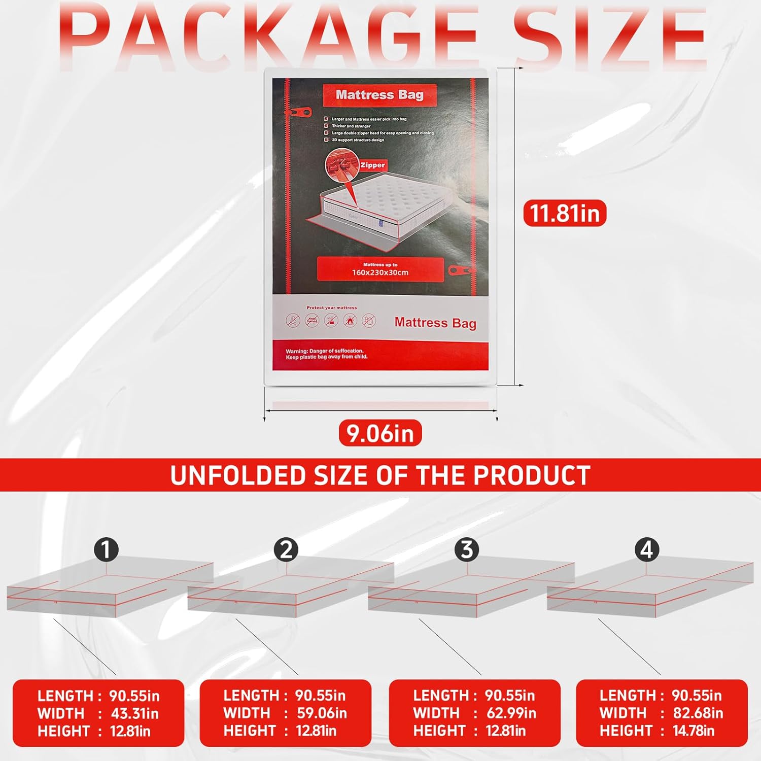Gooo&Ma 6Mil Thicken Mattress Bag for Moving, Waterproof Zippered Mattress Cover for Storage, Reusable Plastic Encasement, Tear Proof Dust Proof Protection（Full、Red）