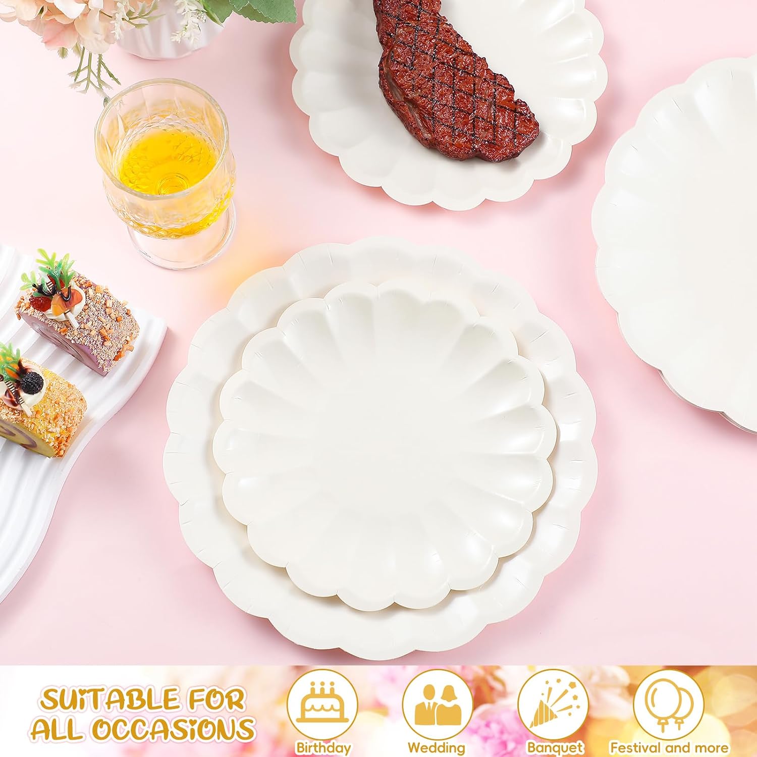 Newtay 60 Pcs Cream Scalloped Paper Plates 9.5 Inch and 7.5 Inch Shell Edge Disposable Dinner Plates for Birthday Wedding Baby Shower Party Decorations