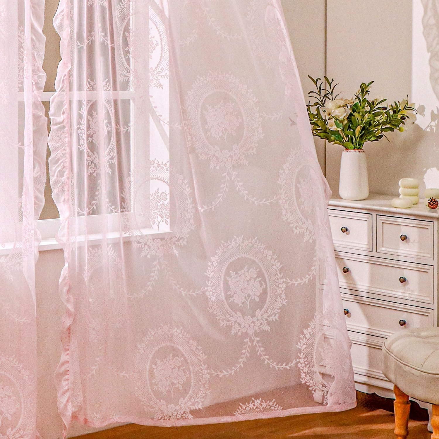 Pink Lace Curtains 63 Inch Length for Bedroom 2 Panels Set Cute Vintage Curtains Sheer Floral Embroidery Ruffled Window Treatment Rod Pocket,52 X 63 Inch,Pink