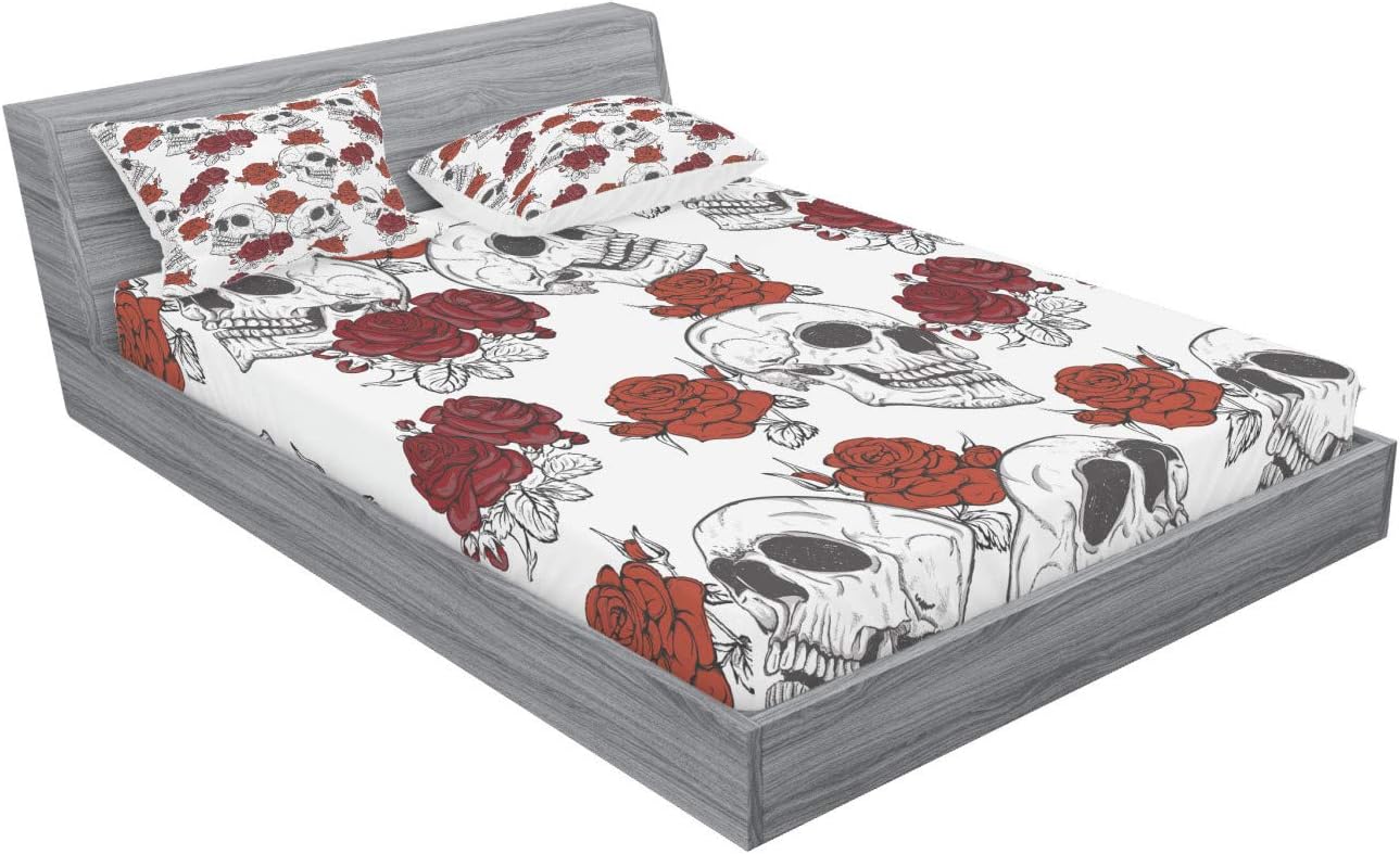 Ambesonne Skull Fitted Sheet & Pillow Sham Set, Retro Gothic Dead Head Skeleton with Roses Halloween Theme Spooky Trippy Romantic, Decorative Printed 3 Piece Bedding Decor Set, Full, Grey