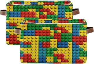 STAYTOP Colorful Toy Building Blocks Pattern Storage Baskets for Shelves 2Pack,Fabric Closet Organizers and Storage Bins with Handles Home Organization,Decorative Collapsible Baskets for Organizing Cl