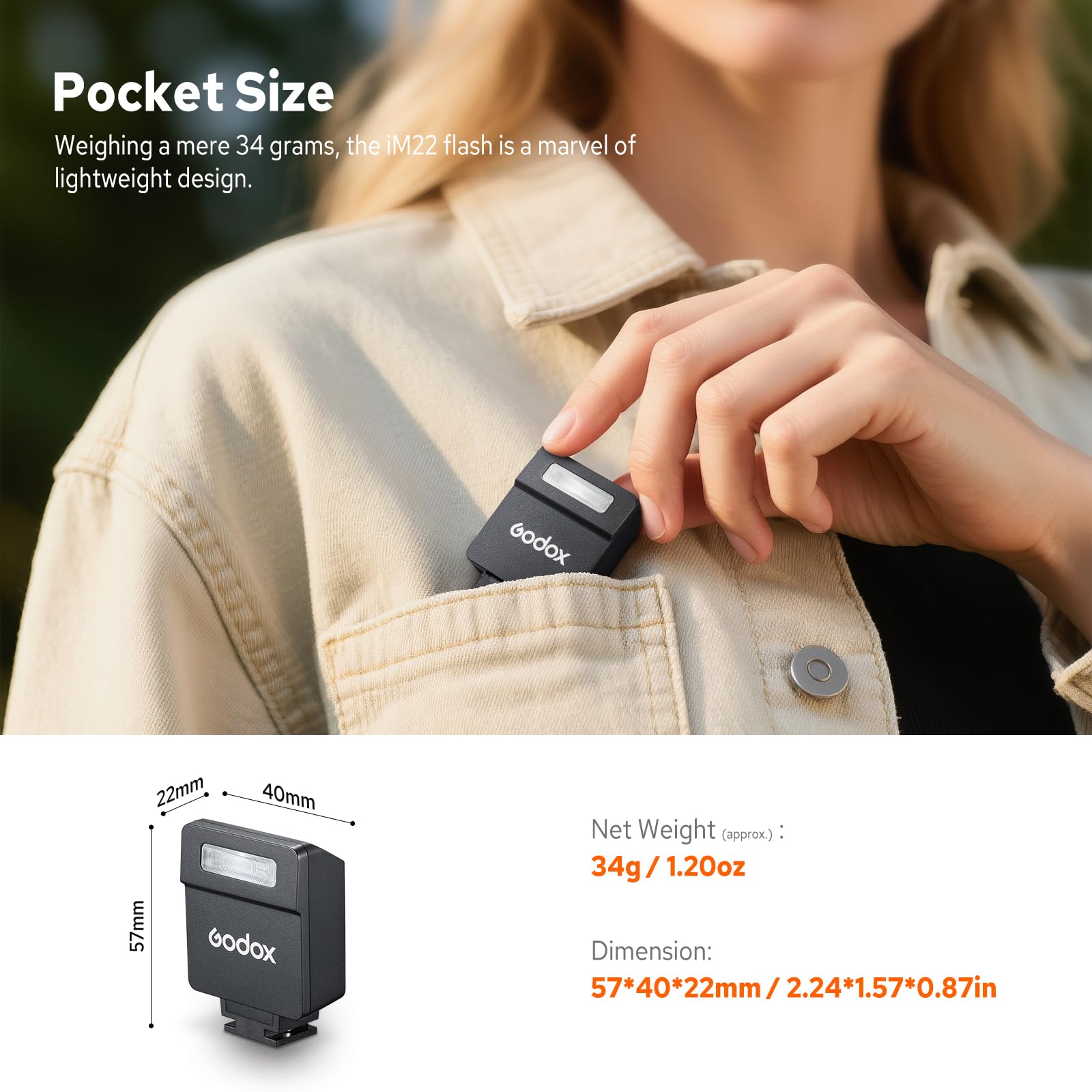 Godox iM20 Mini flash pour Canon, Sony, Fuji, Nikon, 6000 K ± 200 K, avec contrôle optique S1/S2,3s, temps de charge environ Batterie au lithium, mini flash portable léger (Godox iM22)
