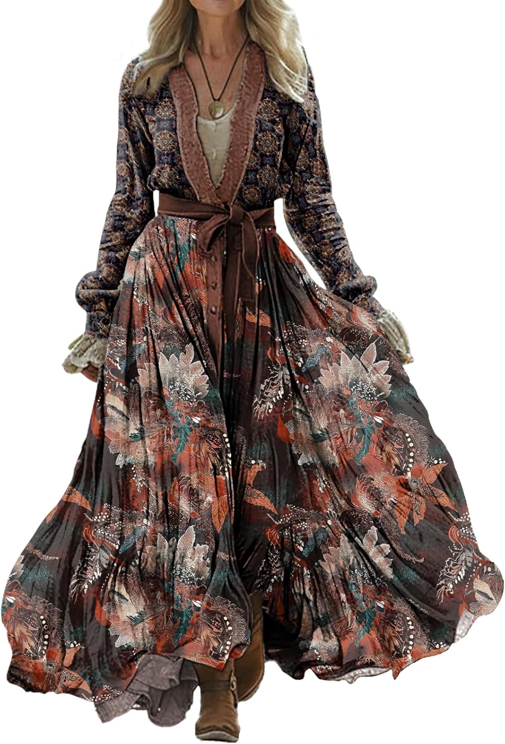 domirica Womens Boho Dresses Vintage Western Pastoral Long Dress Sexy V Neck Long Sleeve 2025 Spring Fall Casual Maxi Dress