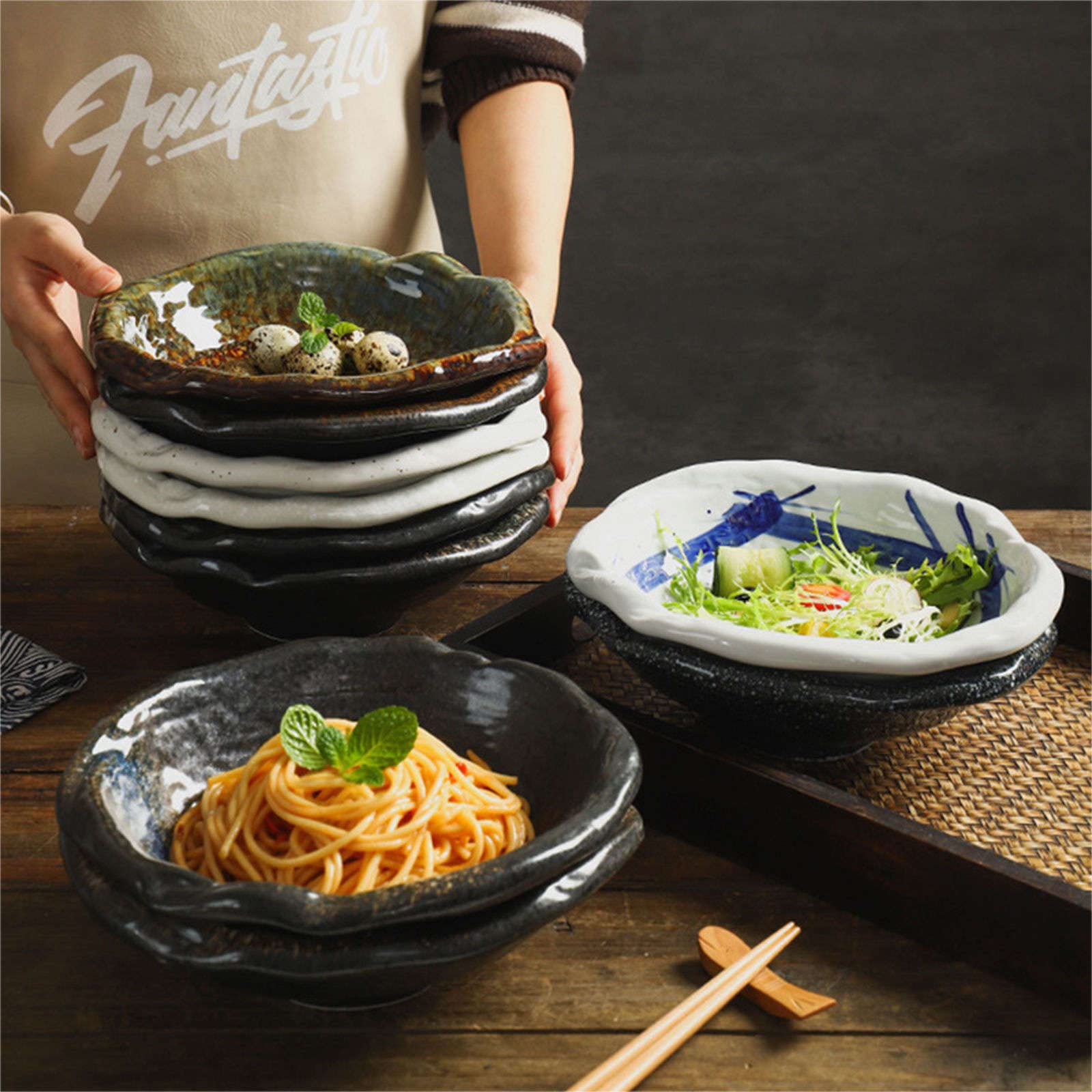 Ensaladeras grandes de cerámica para servir, cuenco para servir ensalada de pasta, colorido, cuenco grande para sopa de gres, apto para microondas, negro y azul, 33.8 fl oz, 35 oz (negro y remolino