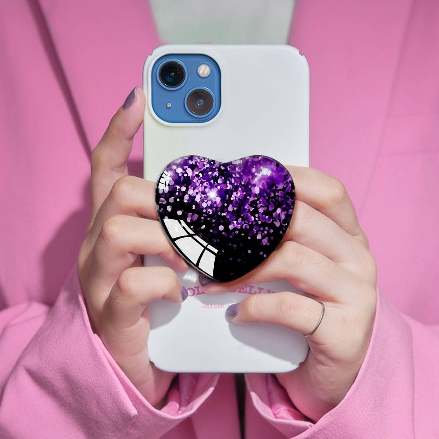 Expandiing Moblile Cell Phone Grip Heart Shape Glass Holder for Smartphones, Cellphone Collapsible Stand（ Black Purple - Image 2