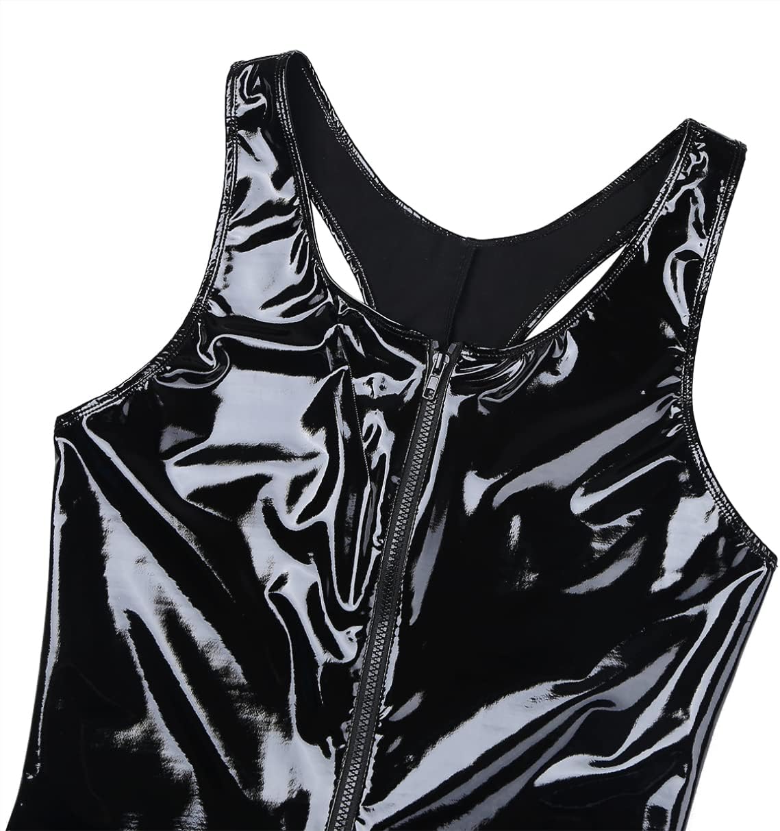 Jhaoyu Men's Faux Leather One Piece Bodysuit Sleeveless Front Zipper Leotard Boxer Shorts Jumpsuit Romper