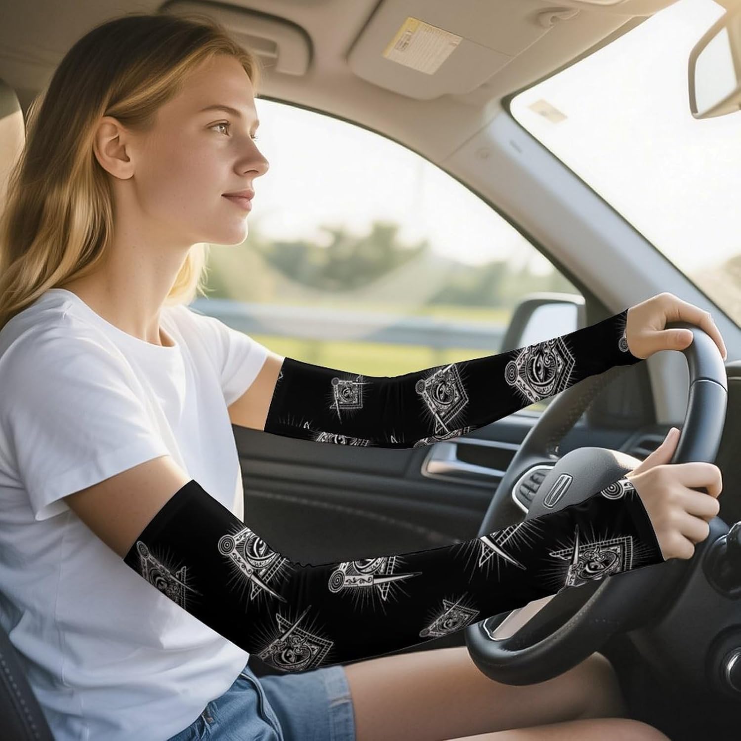 Masonic Freemason Square Compass Ice Silk Arm Sleeves Cooling Sun Protection Arm Sleeve for Men Women