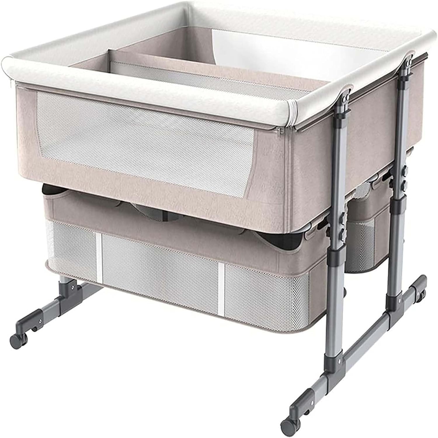 Cuna de colecho con Colchón,Cama para Bebé Gemela con 6 Ajustes de Altura,Plegable Cuna de Noche con Rampa Antirreflujo,Separador Extraíble y Ruedas Silenciosas,para Bebés de 0 a 3 Años (Caqui)