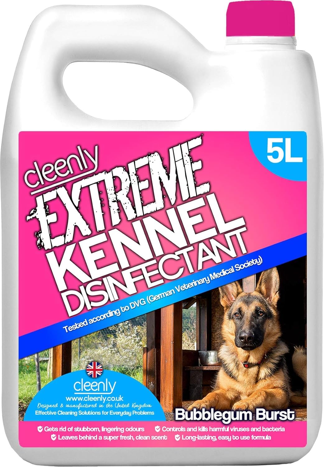 Cleenly Extreme Kennel Cleaner Disinfectant 5Lโ 3-in-1 High Strength Pet Cleaner, Kills 99.9% of Bacteria, EN1276 Tested, Odour Eliminator for Kennels, Floors & Pet Areas (Bubblegum)