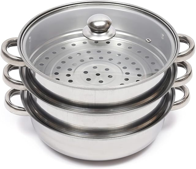 3 Tier Steamer Stainless Steel Food Steamer Pan Stock with Visible Glass Lid 28CM Veg Pot Cooker Set