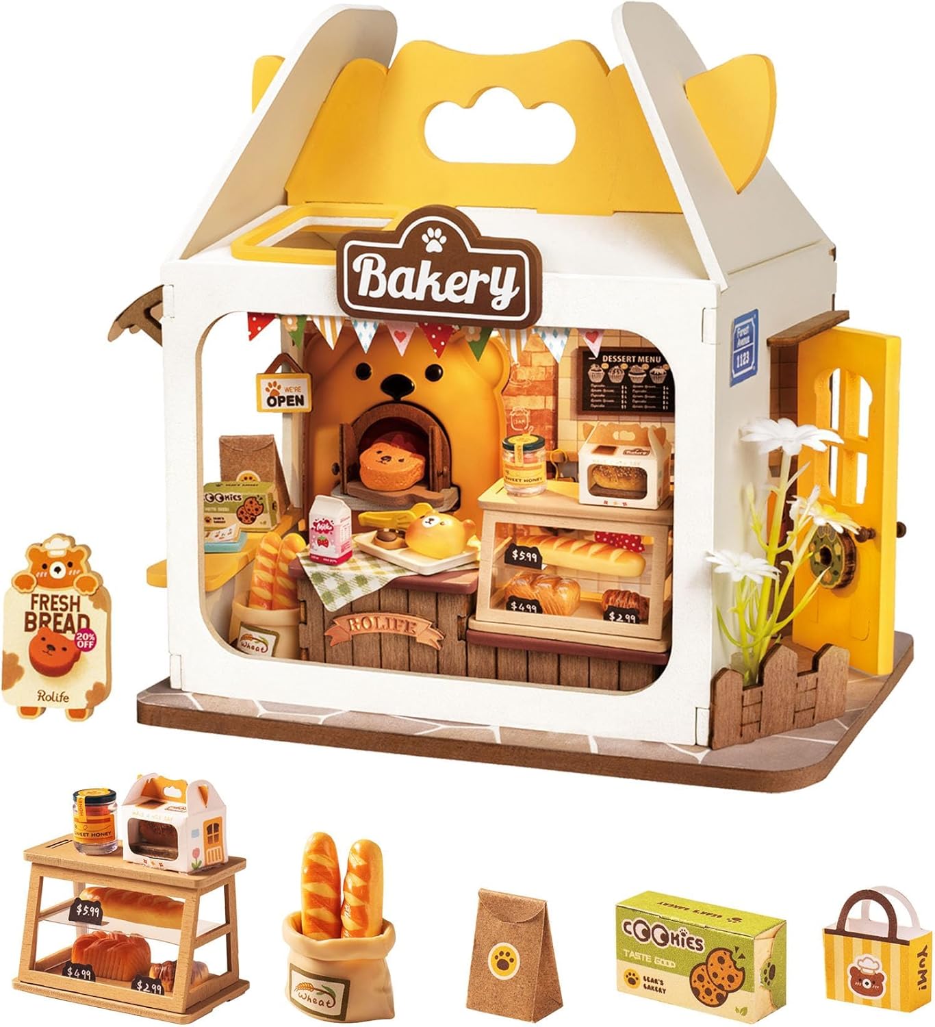 Robotime DIY Miniature House Kit, 1:28 Scale Tea Shop Diorama Dollhouse with LED Lights, 3D Wooden Puzzle Model Kit for Adults & Teens, Mini House Craft Hobby Gift for Women Men