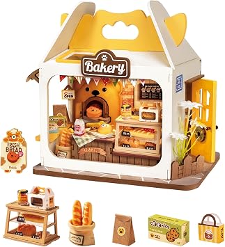 Robotime DIY Miniature House Kit, 128 Scale Tea Shop Diorama Dollhouse with LED Lights, 3D Wooden Puzzle Model Kit for Adults & Teens, Mini House Craft Hobby Gift for Women Men