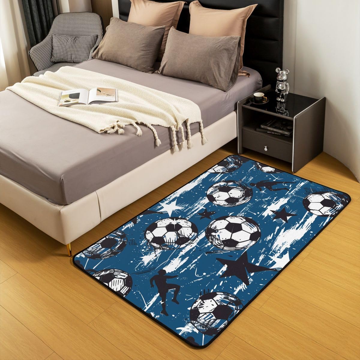Fußball Drucken Wohnzimmer Teppich 100x150cm Schwarz Weiß Einfaches Fußball Sport Theme Schlafzimmerbereich Teppich für Kinder Teens Geometrische Sterne Weiß Graffiti Blau Indoor Matte Heimdekor