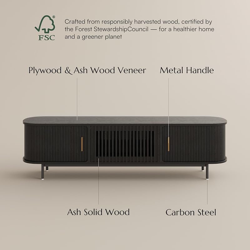 POVISON 94.49" Wood Fully-Assembled Sliding Tambour Door TV Stand, Black image 5