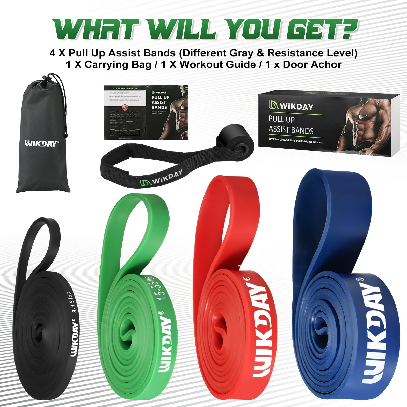 WIKDAY Fasce di resistenza per allenamento, fasce per esercizi, fasce di supporto per trazioni, per stretching del corpo, fisioterapia, allenamento muscolare, per uomini e donne