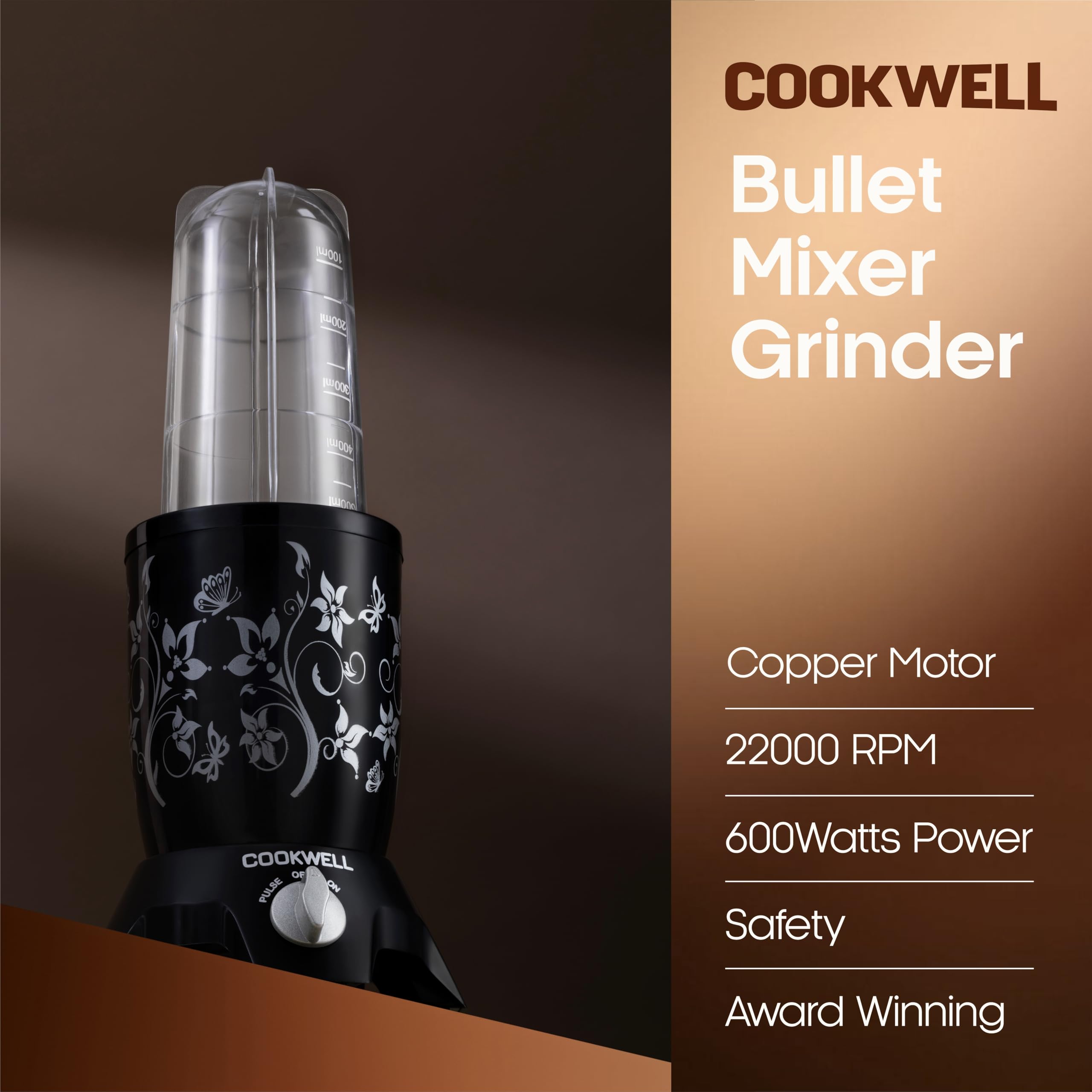 Cookwell Bullet Mixer Grinder (5 Jars, 3 Blades, Black) - Copper, 600 Watts - 2 Year Warranty