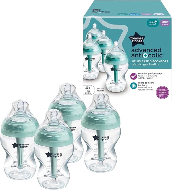 Tommee Tippee Biberones Avanzados Anticólicos para Bebés, Recién Nacido 0m+, 9oz | Paquete de 4, Tetina de Flujo Lento Similar al Pecho, Diseño Único Mantiene el Aire Lejos de la Leche, Transparente, Libre de BPA