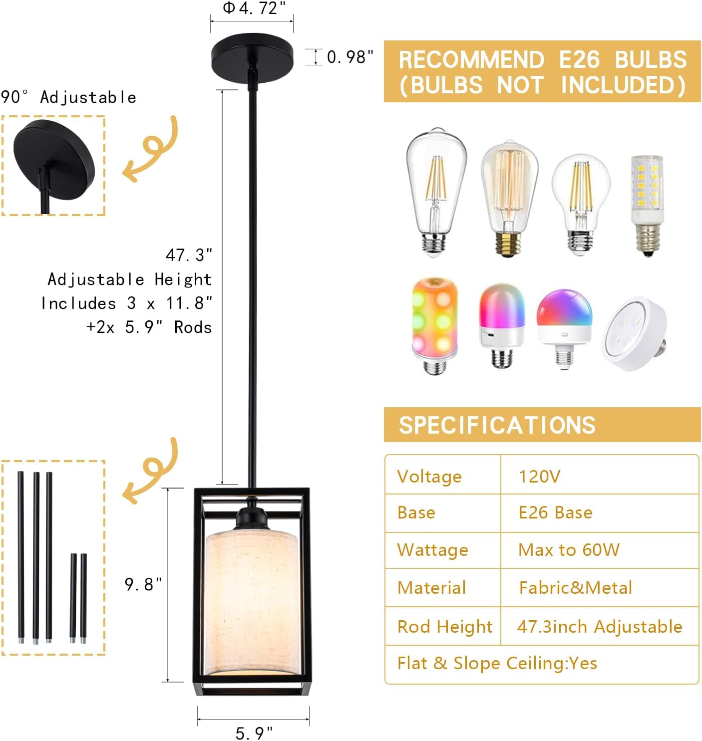 Fabric Pendant Lights Kitchen Island 1-Light,Black Pendant Lighting Over Island with Rod, Farmhouse Cage Metal Hanging Light Fixtures for Sink Dining Room Foyer