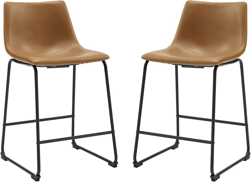 Sillas de mostrador sin brazos Douglas Urban Industrial de piel sintética, juego de 2, marrón whisky
