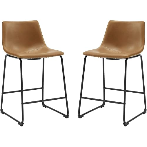 Walker Edison Douglas Urban Industrial Faux Leather Armless Counter Chairs, Set of 2, Whiskey Brown