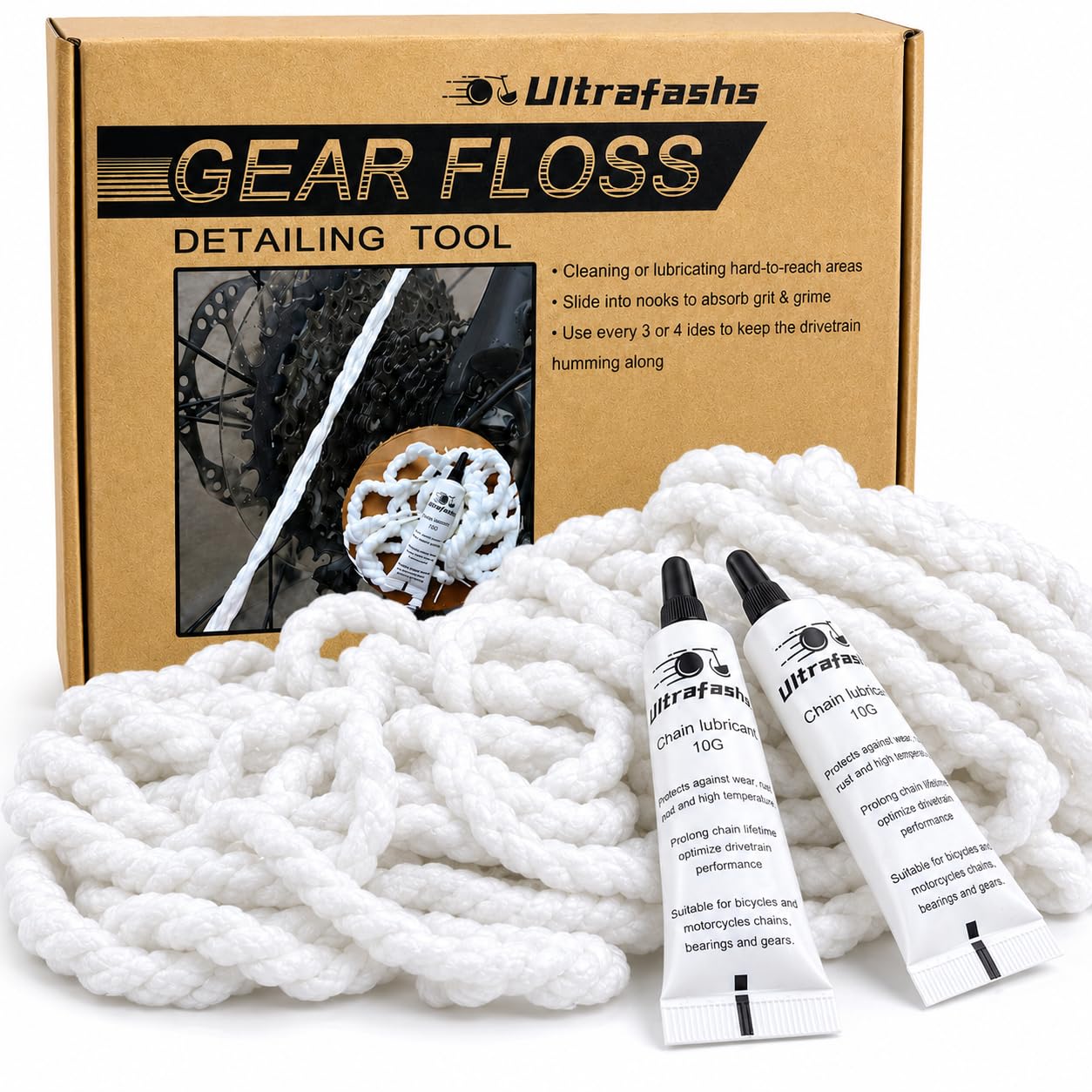 Gear Floss Microfiber Cleaning Rope plus lubricating cream,For cleaning hard-to-clean areas like bicycle transmission pulleys,3D printer lead screws,etc.(40 microfiber ropes,4 grams lubrication)-image-0