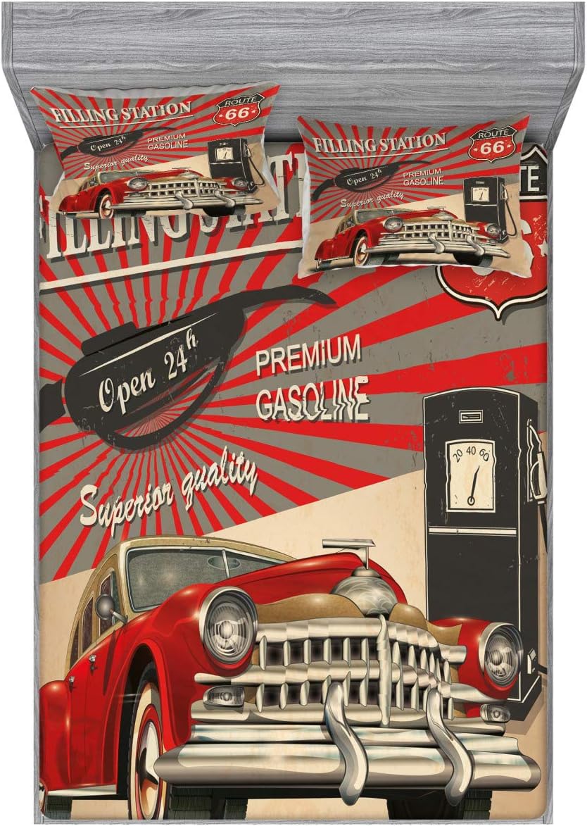 Ambesonne Cars Fitted Sheet & Pillow Sham Set, Poster Style Image Gasoline Station Commercial Element Route 66 IllustrationPrint, Decorative Printed 3 Piece Bedding Decor Set, Full, Vermilion Tan