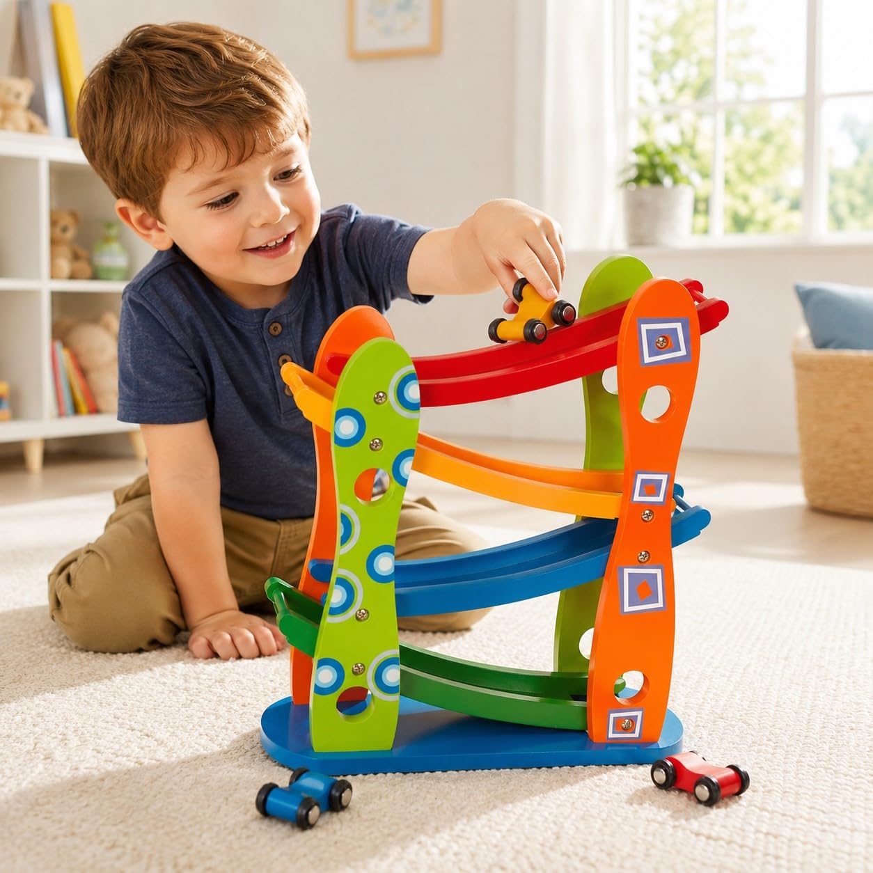 Holz-Autorampe Kinder, Bunte Rennbahn mit 3 Spielzeugautos, 4 Ebenen Wasserfallbahn aus Holz, Auto-Rollbahn Motorikspielzeug Geschenk für Jungen Mädchen ab 3 Jahren