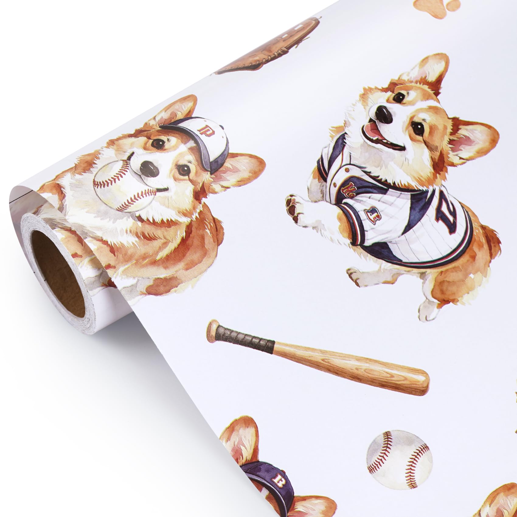 Aimyoo Corgi Dog Baseball Wrapping Paper Roll, 17 inches x 32 feet