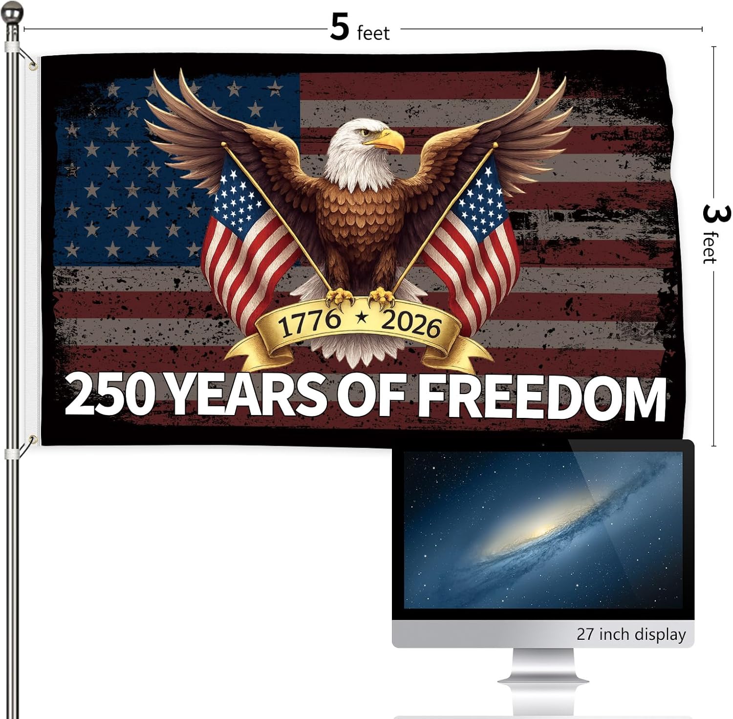 Probsin 250 Anniversary Flag 3x5 Ft Double Sided 3 Ply Eagle 250 Years of Freedom 1776-2026 250th Birthday Patriotic Signs Hanging Decor for Room House Welcome Photo Backdrop with Brass Grommets - Image 8
