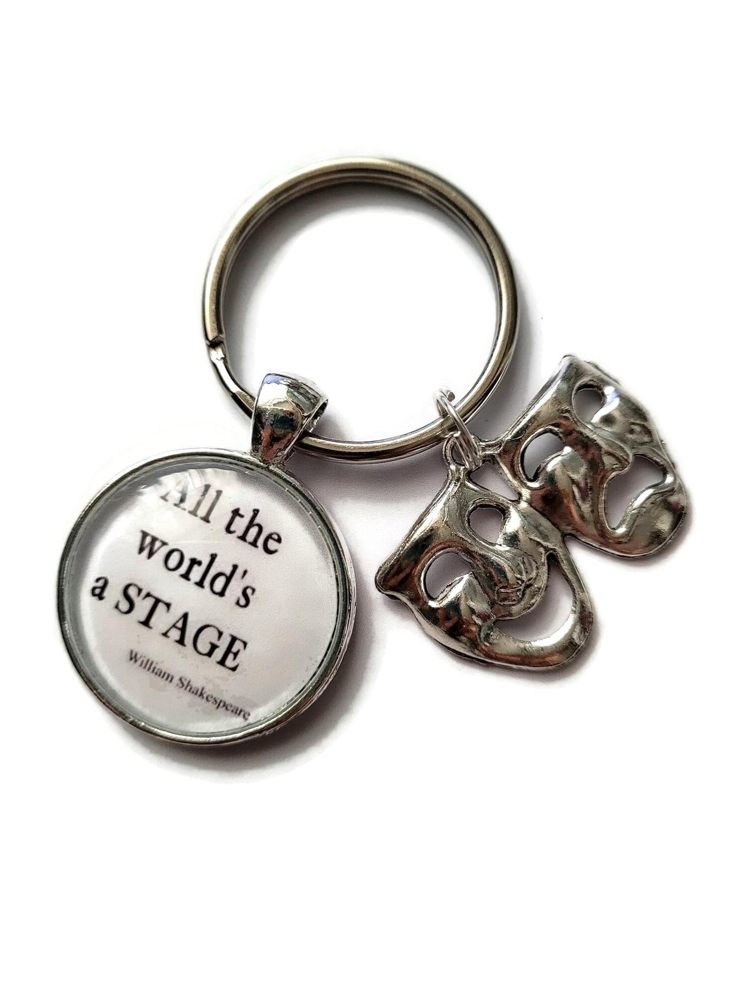 All the World's a Stage 25mm Handmade Glass Cabochon Drama Heads Mask Charm Keyring, Gift for Actor, Drama Student, Theatre Stage Performer, Book Literature Lover Novelty Birthday Present