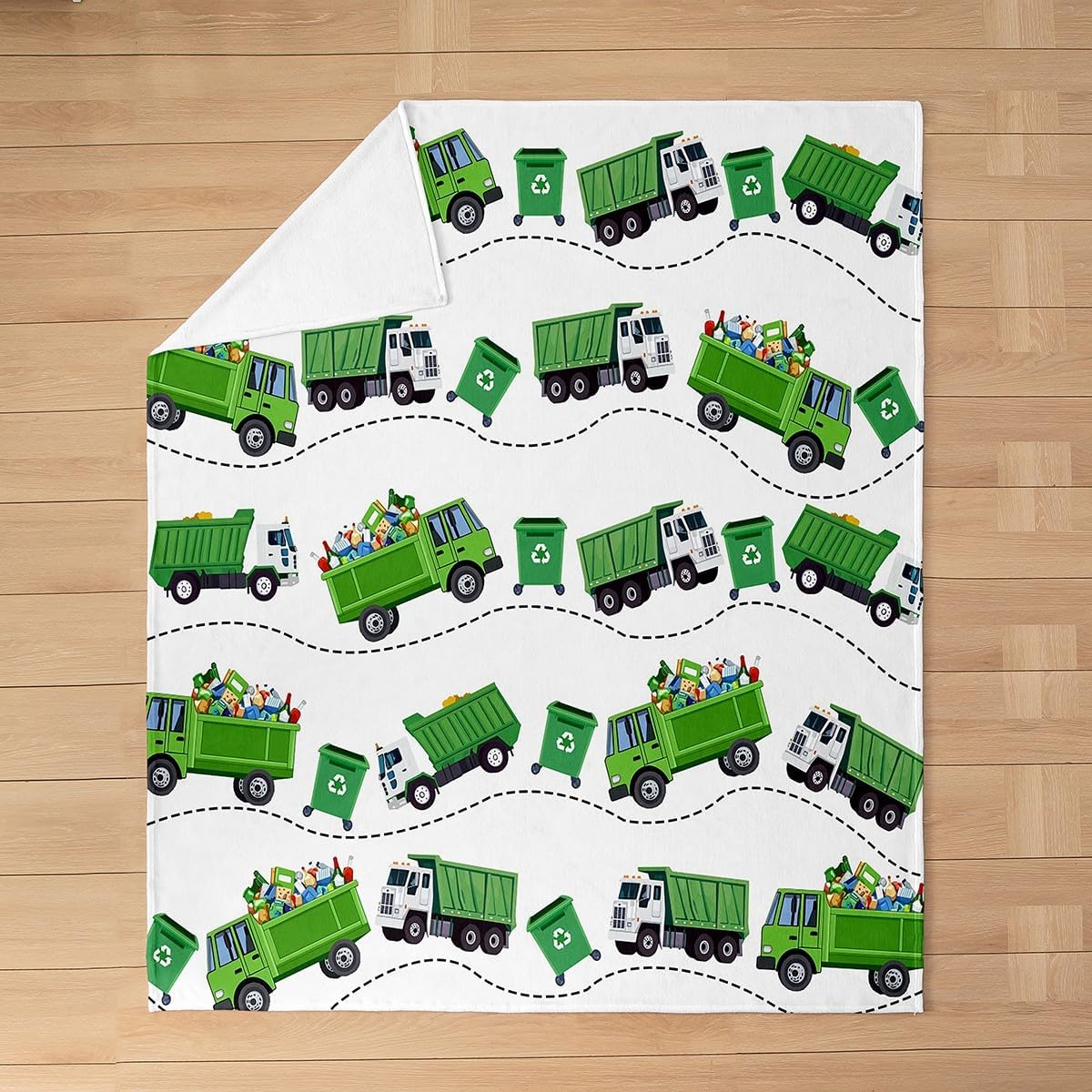 Feelyou Garbage Trucks Plush Throw Blanket, 40"x50" Kids Cartoon Car Flannel Fleece Blanket for Boys Teens Rubbish Car All Season,Bed Blanket Breathable Vehicles Room Decor Green White