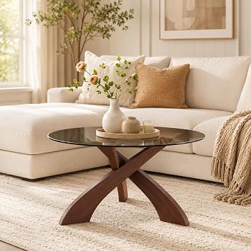 Honyee Glass Coffee Table, 30.7 Round Coffee Table with Tempered Glass Top, Walnut Wood X-Shaped Base, Stable Modern Center Table for Living Room, Apartment and Small Spaces